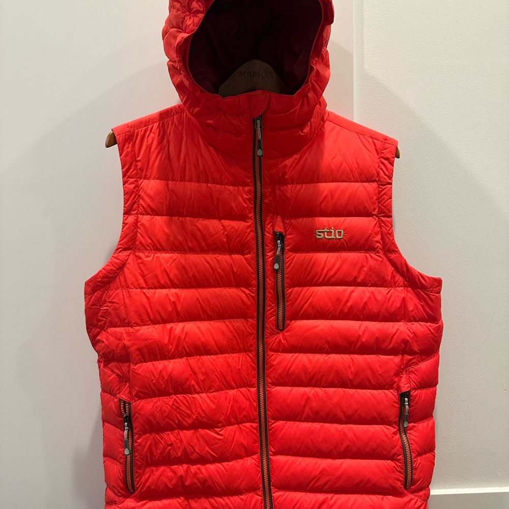 Stio, Bright Orange Quilted Puffer Vest with Hood